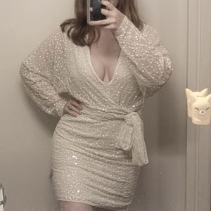 ASOS Design mini dress with batwing sleeve and wrap waist in white sequin lwd